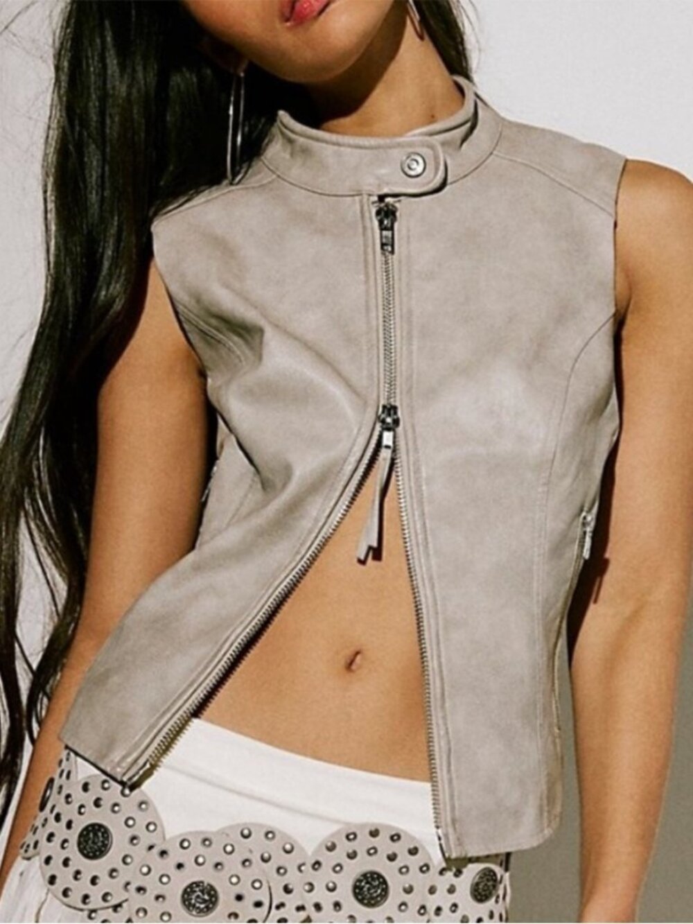 Free People Sweeney Vegan Leather Moto Zip Vest Size Large Gray We The Free